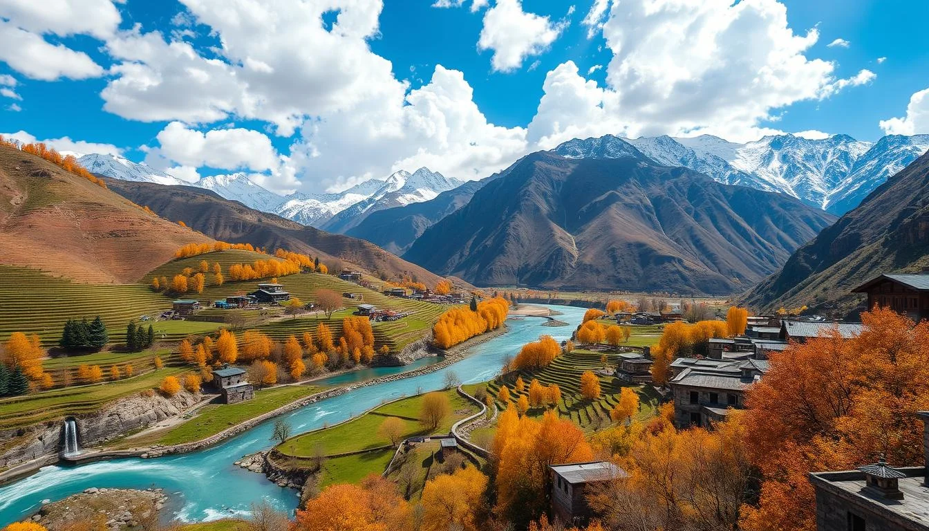 An autumn view of the Kabul Valley, highlighting rich fall colors and the peacefulness of the surrounding mountains.